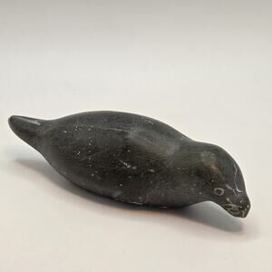 Inuit Eskimo Seal Soapstone Carving Signed On Bottom With Sticker Engravings